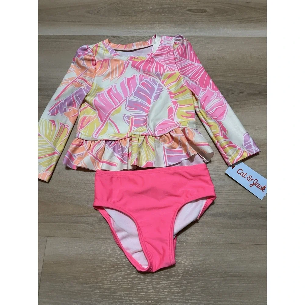 Girls Cat & Jack 2 Piece Swim Suit, Long Sleeve‎ Floral Bright Pink Print 2T